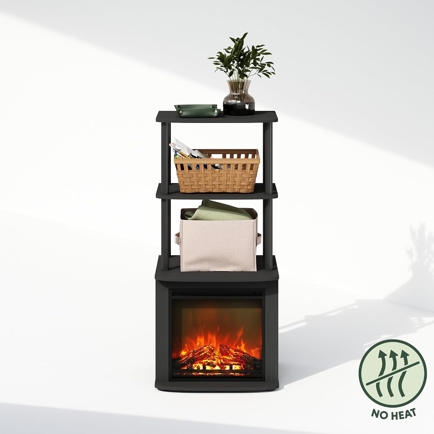 Furinno Turn-N-Tube Side Table, 3-Tier NO Heat Fireplace End Table with Open Shelf, Electric Fireplace Display Night Stand, Bedside Table, for Living Room, Bedroom, Americano/Black