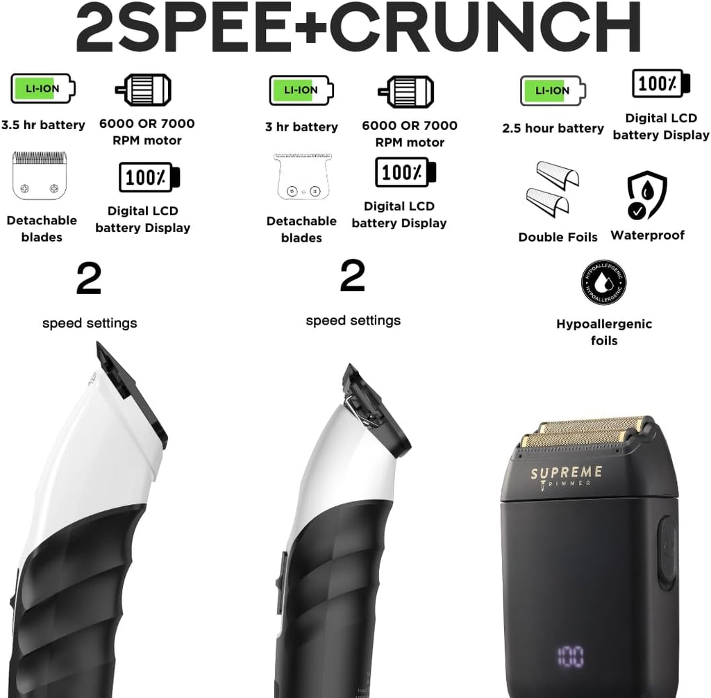 Supreme Trimmer 3-in-1 Barber Bundle | 2Spee Clipper, 2Spee Trimmer & Crunch Foil Shaver | Professional Beard Trimmer Men's Hair Clipper Kit | White