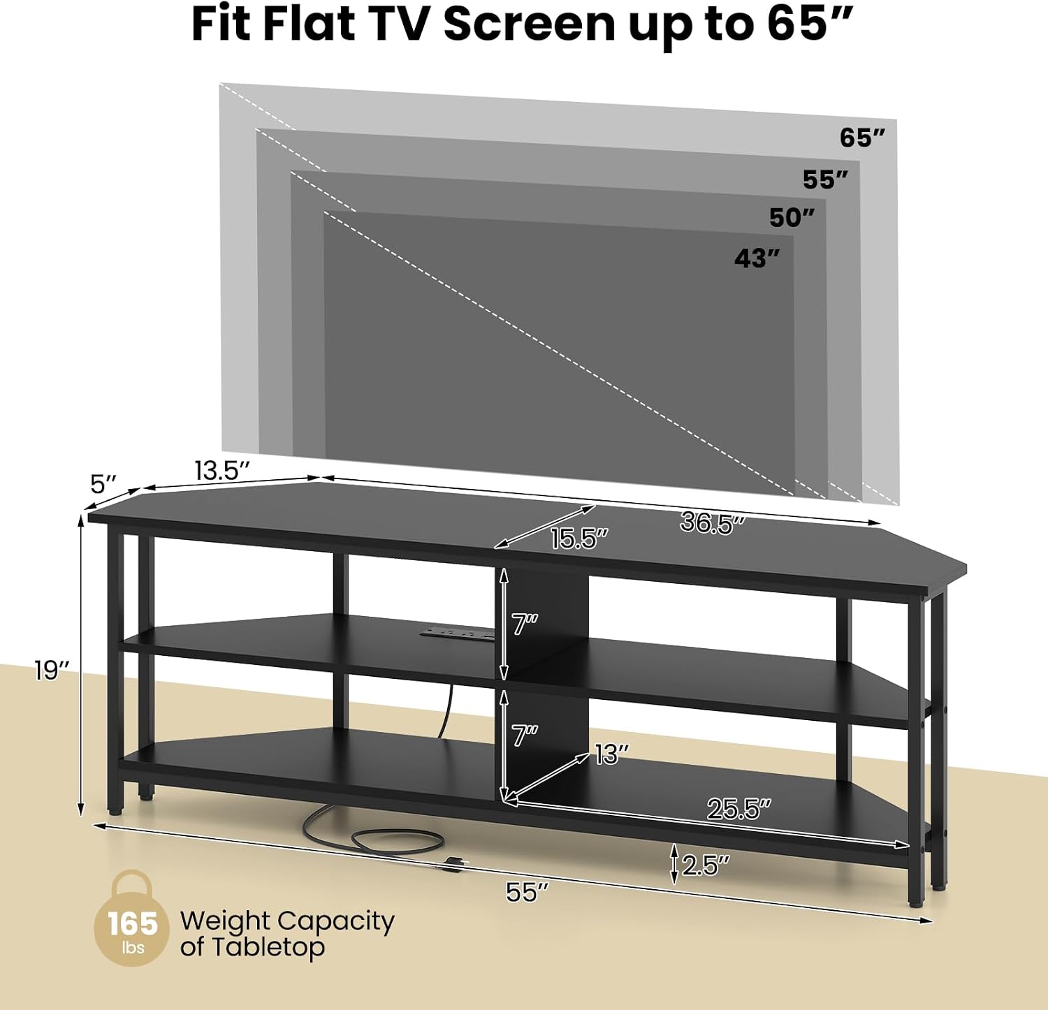 Giantex Corner TV Stand for 65 Inch TV, Modern Entertainment Center w/Power Outlet, Storage Shelves&Metal Frame, Media TV Console Table for Living Room, Bedroom, Small Spaces, Black