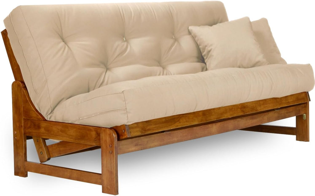 Nirvana Futons Arden Futon Set - Full Size, Frame, 8' Mattress, Microfiber Sussex Khaki Cover