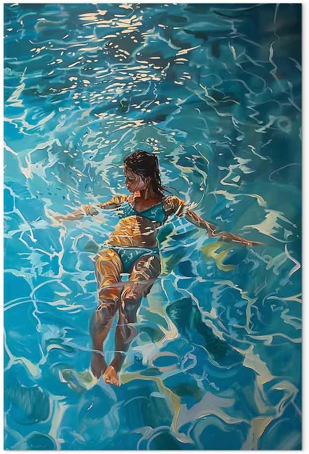 artgeist - Canvas Wall Art XXL Summer Vibes 60x90 cm/24'x36' 1 piece - Non-woven Canvas Prints Image Framed Artwork Painting Picture Photo Home Decoration - Holiday Blue Water Pool Woman h-H-10083-b-a