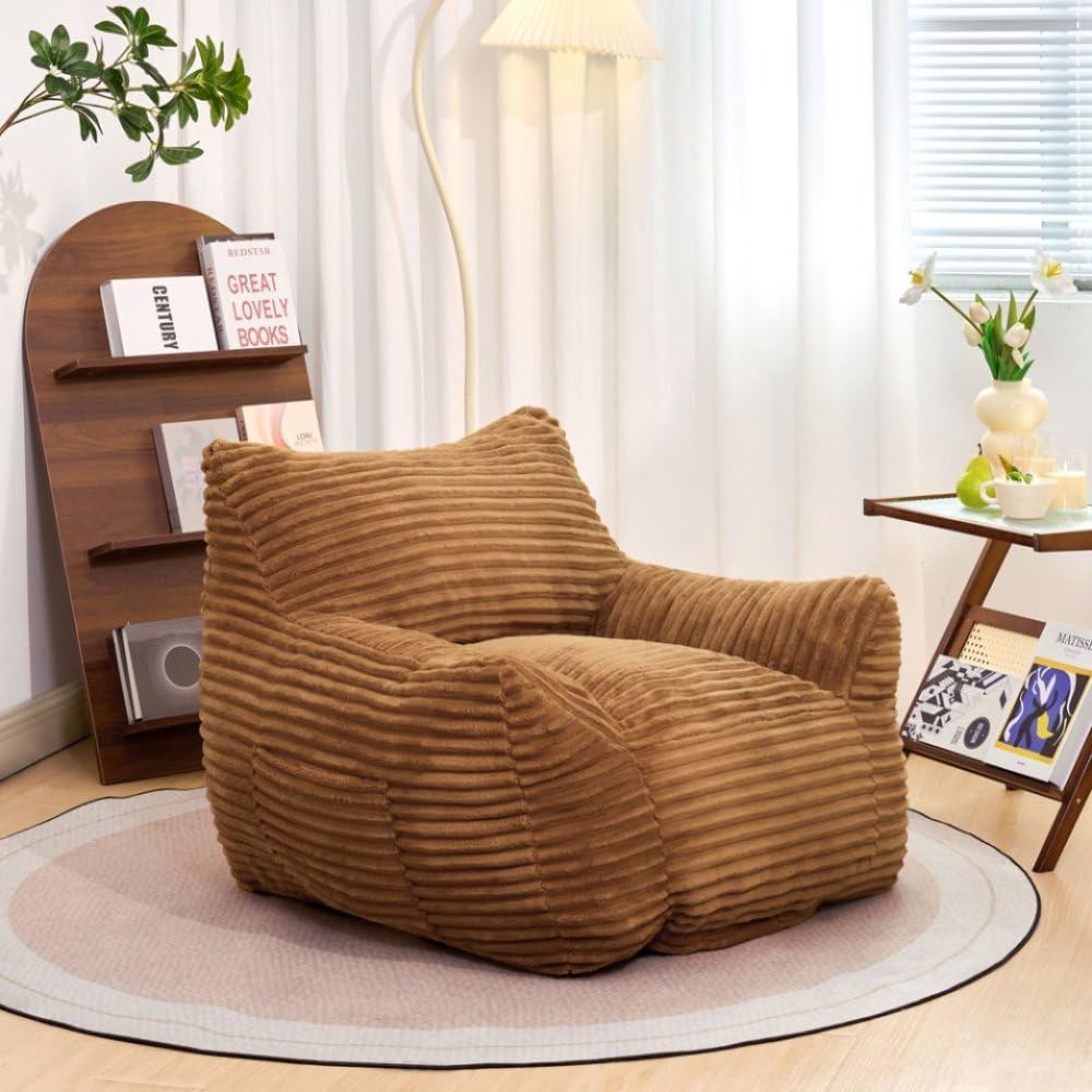 Bean Bag Chair for Adults with Armrests - Oversized Comfy Beige Beanbag Lounge Lazy Floor Sofa Chair for Living Room, Bedroom & Dorm, Cozy Fluffy Single Cloud Mini Couch (Brown + Corduroy + Foam)