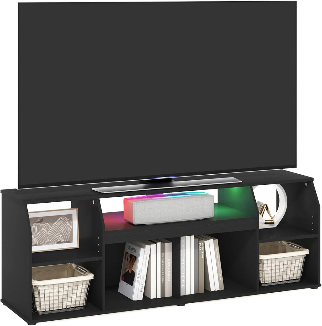 Furinno Jaya TV Stand, Large 6 Shelves Entertainment Center with LED, Media Console Table for TV up to 65 Inch, TV Console, for Living Room, Bedroom, Dark Americano