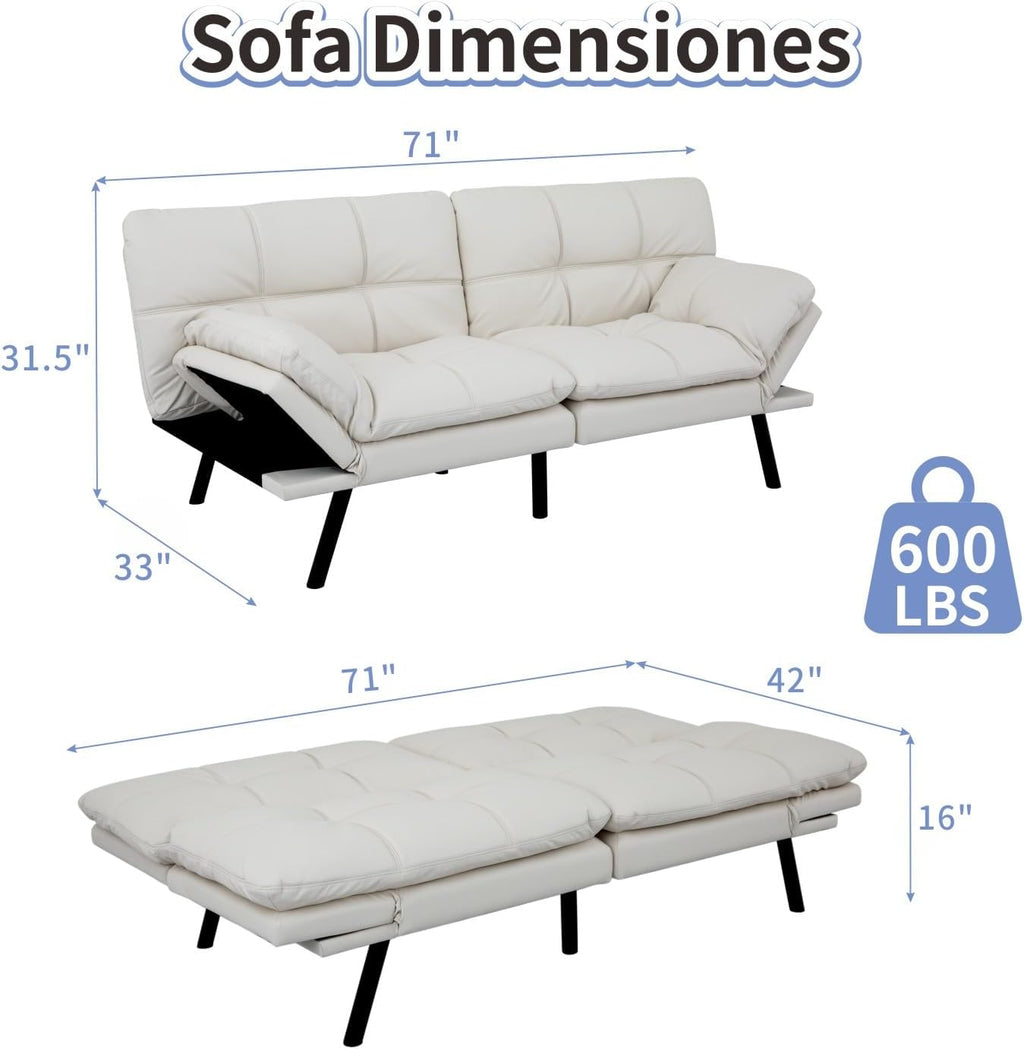MUUEGM Futon Sofa Bed Memory Foam White Futons Modern Office Couch Sleeper Bed Convertible Love seat Sofa for Small Spaces,Apartment,Office with Adjustable Armrest Backrest