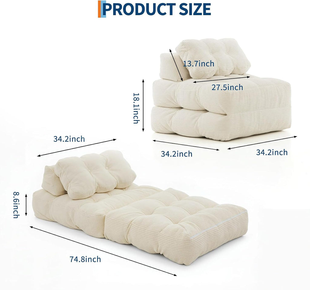 Folding Sofa Bed, 3-in-1 Convertible Sleeper Chair with Pillow, Single Futon Couch Bed with Back Support, Portable Fold Out Chair Bed Comfy Floor Sofa Lounge for Living Room Bedroom, Beige
