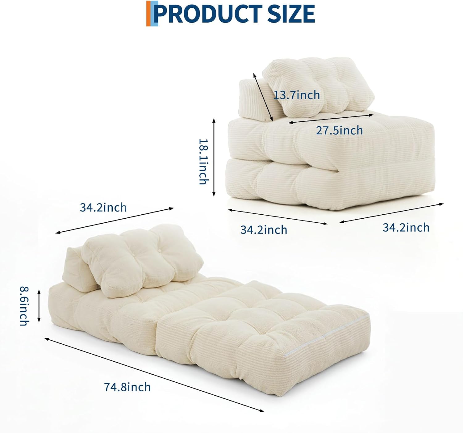 Folding Sofa Bed, 3-in-1 Convertible Sleeper Chair with Pillow, Single Futon Couch Bed with Back Support, Portable Fold Out Chair Bed Comfy Floor Sofa Lounge for Living Room Bedroom, Beige