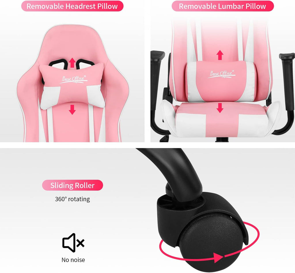 Ergonomic Gaming Chair for Adults with Lumbar Support, High Back Leather Desk Chair, Adjustable Swivel Computer Chair with Footrest and Headrest, Office Chair for Home and Gaming Setup (Pink)