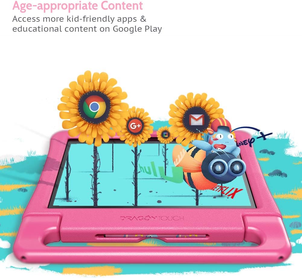 Kids Tablet 10 inch IPS HD Display Android Tablets with 32GB Storage, 2GB RAM, Quad Core Processor, KIDOZ Pre-Installed, Kid-Proof Case, Shoulder Strap and Stylus, WiFi Only – Pink