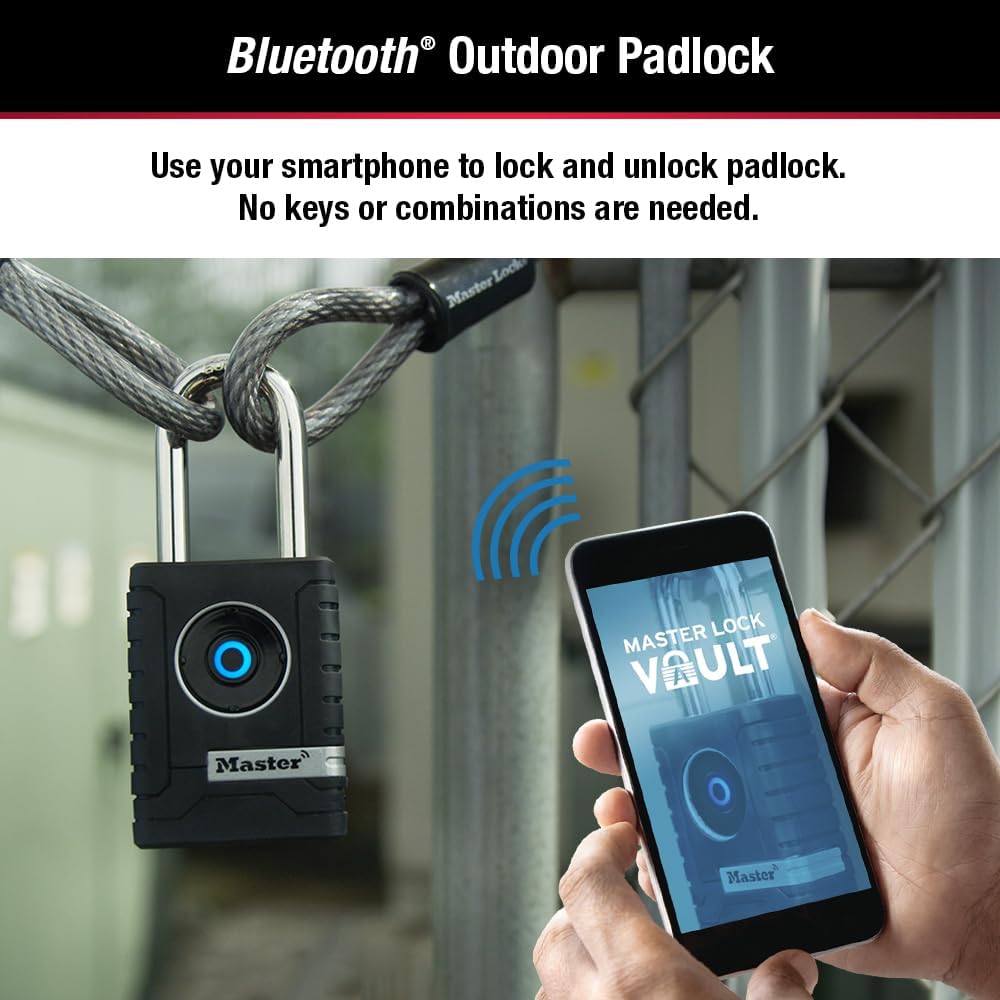 Master Lock Black Outdoor Bluetooth Smart Padlock with Keypad, Smart Locks for Tools, Gates, Sheds, 2-7/32 inches Wide, 4401LHEC
