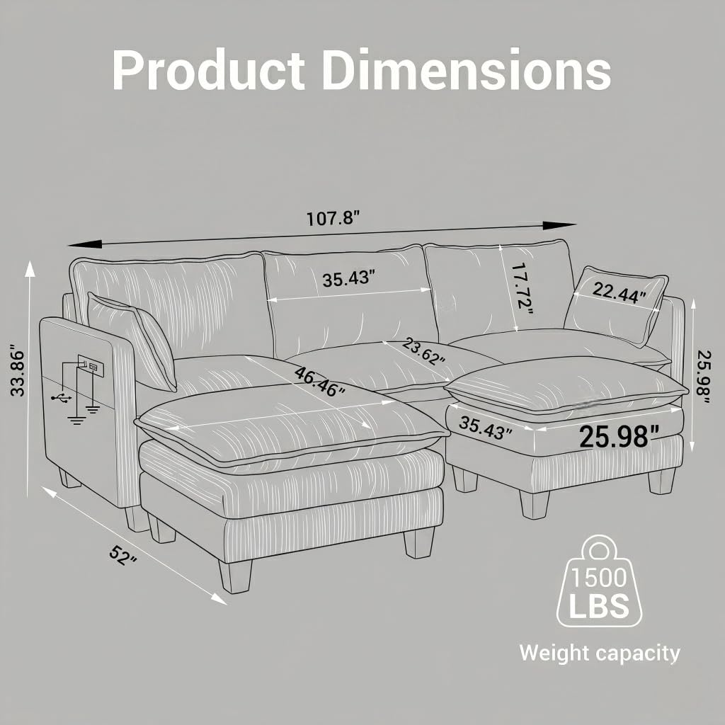 Eafurn Modular Sectional Sofa with Movable Ottomans for Living Room, 4 Seater Convertible U Shaped Sectional Couch Modern Reversible Chenille Sofa Set w/USB Ports and Side Pockets