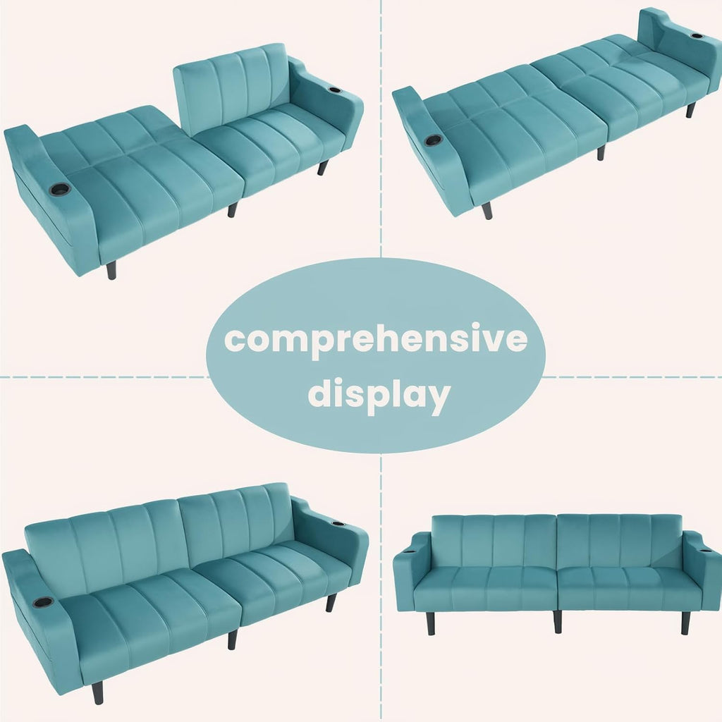 80' Velvet Futon Sofa Bed, Convertible Sleeper Loveseat with Cup Holders & Storage Pockets, Mid Century Modern Couch for Living Room, Bedroom, Office, Small Space (Teal Blue)