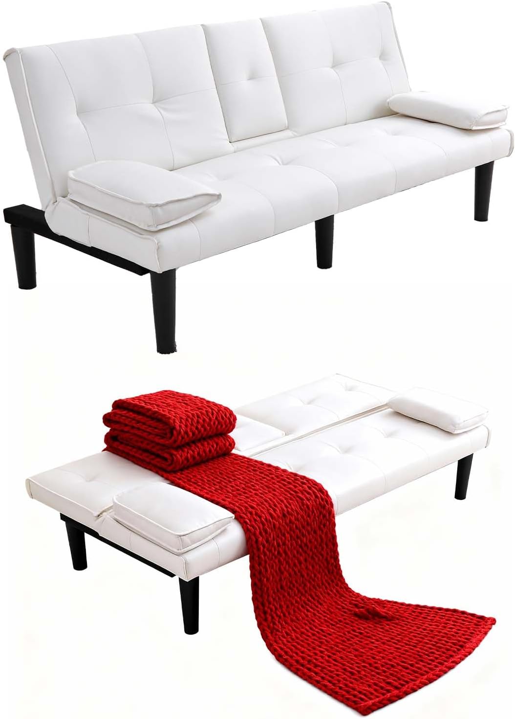 67' Futon Sofa Bed,Convertible Sofa Bed with 2 Cup Holders,Sleeper Couch PVC Leather Removable Soft Armrest Small Couch for Living Room Apartments ﻿ (White)