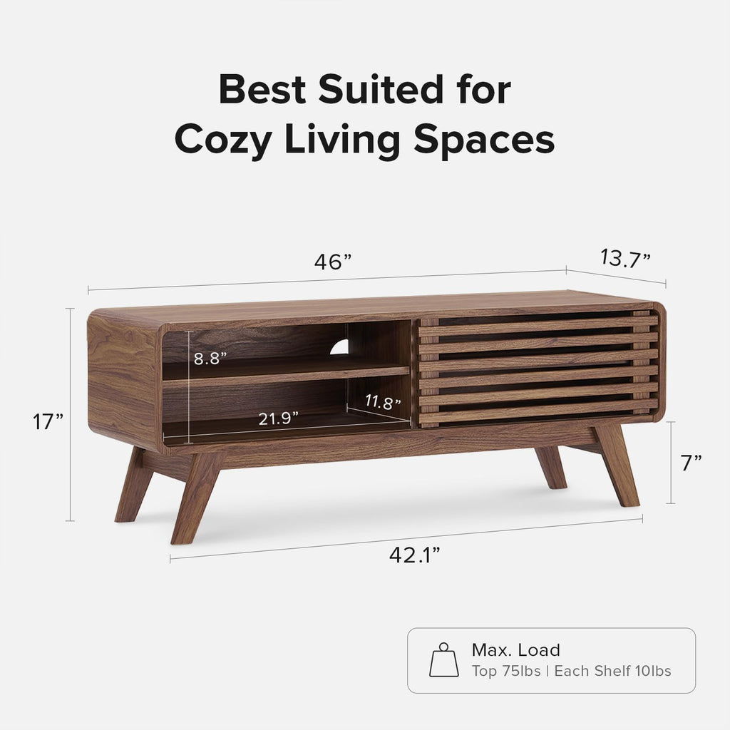 mopio Ensley 46' TV Stand with Slatted Door, Mid Century Modern Entertainment Center for 55/60/65 inch TV, Farmhouse Media Console with Storage, Adjustable Shelves, Round Edges, Living Room (Walnut)