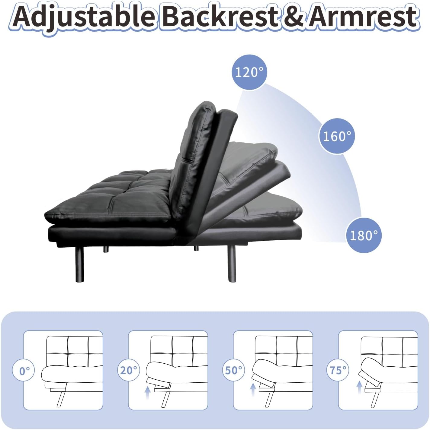 MUUEGM Futon Sofa Bed Memory Foam Matte Black Futons Modern Office Couch Sleeper Bed Convertible Love seat Sofa for Small Spaces,Apartment,Office with Adjustable Armrest Backrest