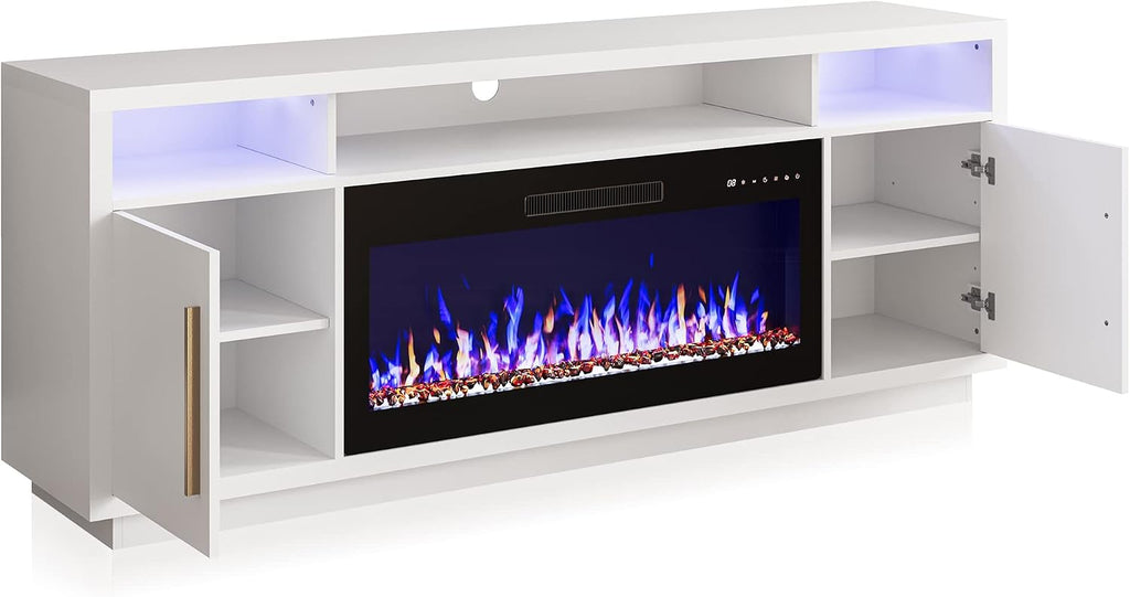 BELLEZE 70' Fireplace TV Stand for TVs Up to 80', LED Light Entertainment Center with 36' Electric Fireplace Heater, Storage Cabinet, Media Console Table for Living Room - Avenue (White)
