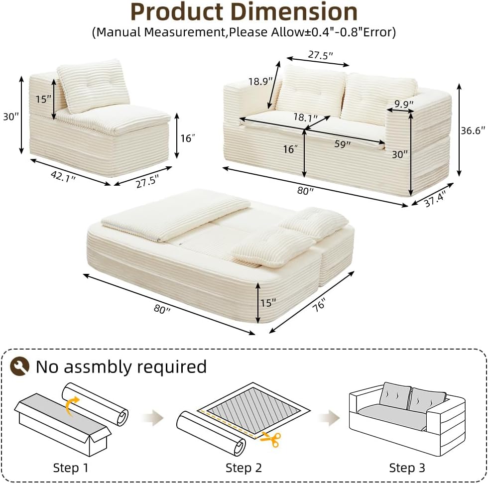 80'' Futon Sofa Bed, King Size Foldable Sleeper Sofa, Corduroy Boneless Loveseat Couch with Chaise Lounge, 3 Pillows, Blanket, Upholstered Sectional Couches for Living Room, Bedroom, Beige