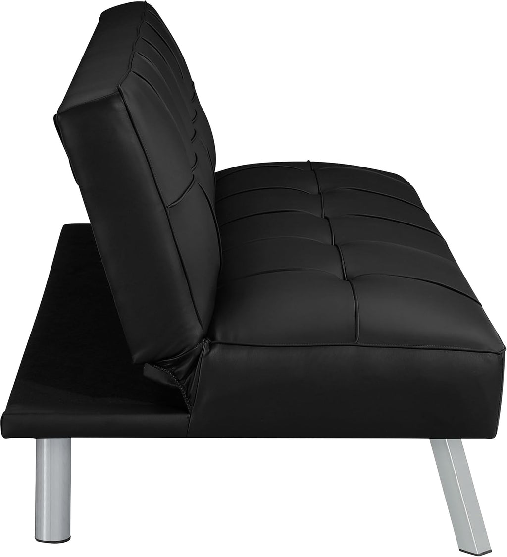 OSP Home Furnishings Kenneth Modern Button Tufted Convertible Click-Clack Futon Sofa Bed, Black Faux Leather with Chrome Legs