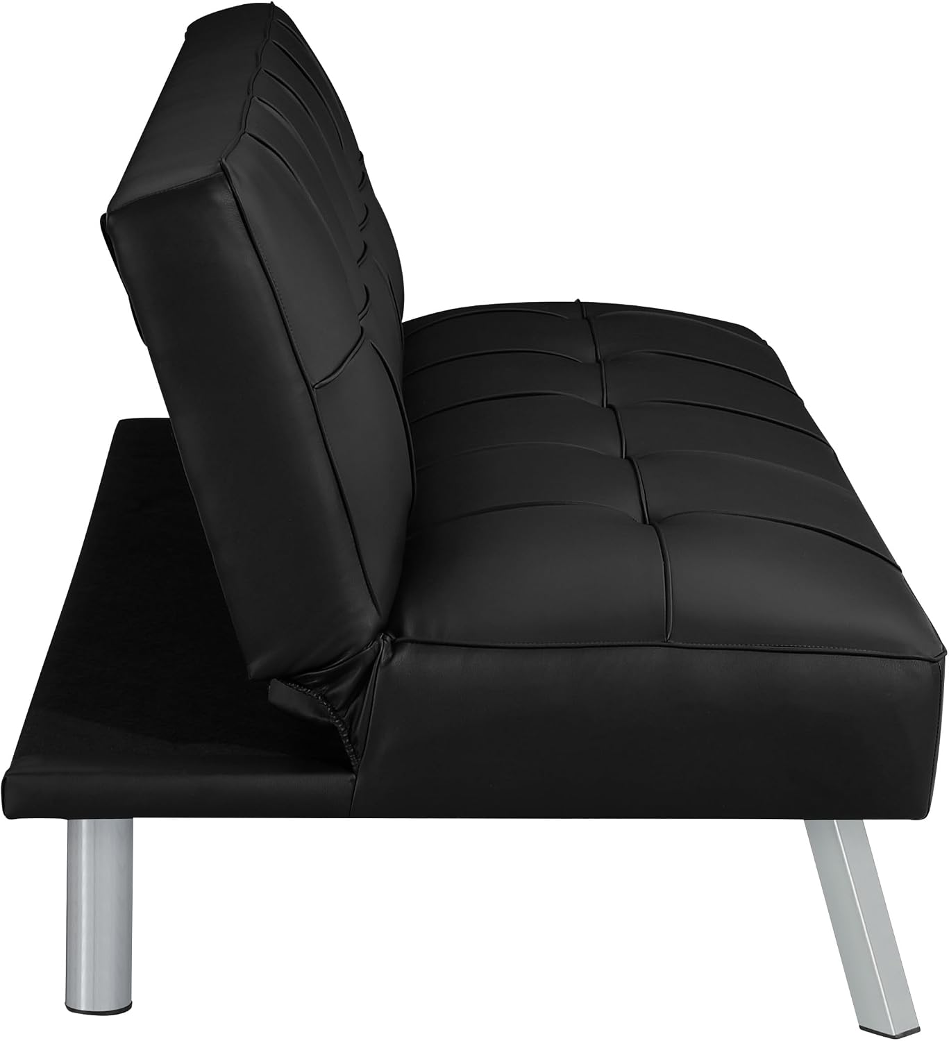 OSP Home Furnishings Kenneth Modern Button Tufted Convertible Click-Clack Futon Sofa Bed, Black Faux Leather with Chrome Legs