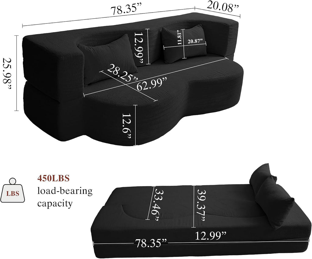 2-in-1 Convertible Sofa,78 Inch Folding Sofa Bed Pull Out Sofa with 2 Pilow Lazy Sofa, Teddy Loveseat Sleeper Floor Sofa for Apartment Children's Room Bedroom Living Room (Teddy, Black)