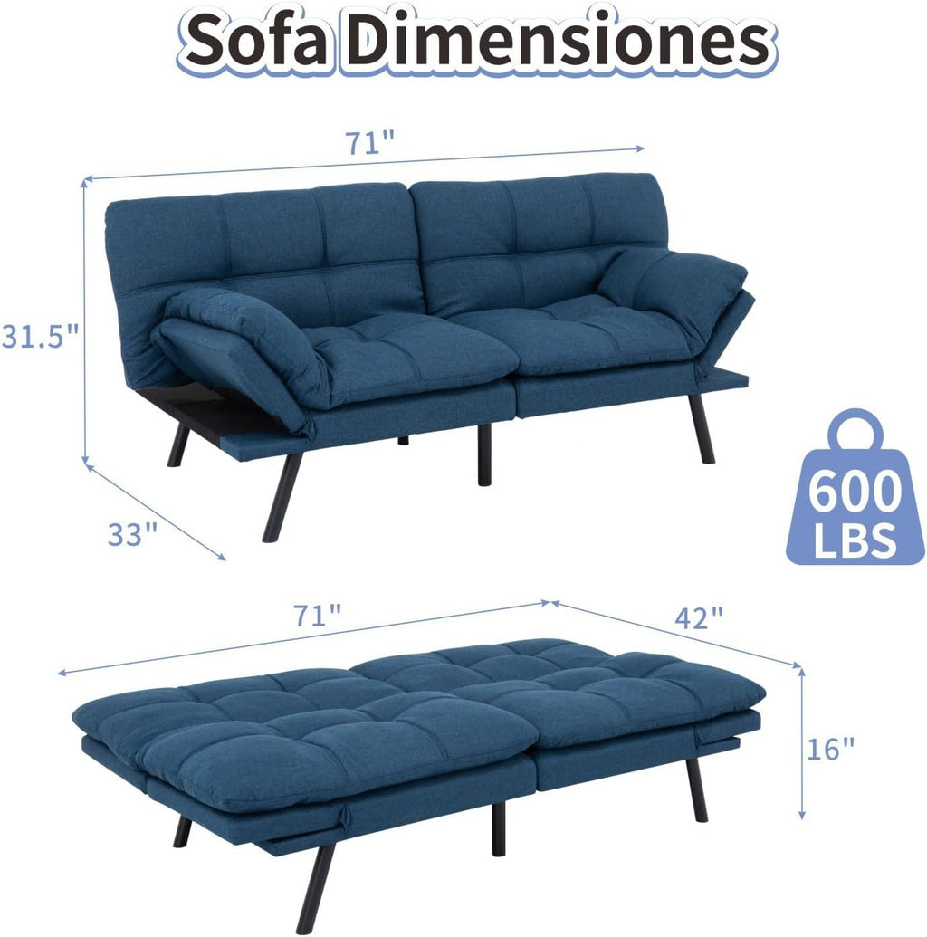 MUUEGM Futon Sofa Bed Memory Foam Navy Blue Futons Modern Office Couch Sleeper Bed Convertible Love seat Sofa for Small Spaces,Apartment,Office with Adjustable Armrest Backrest