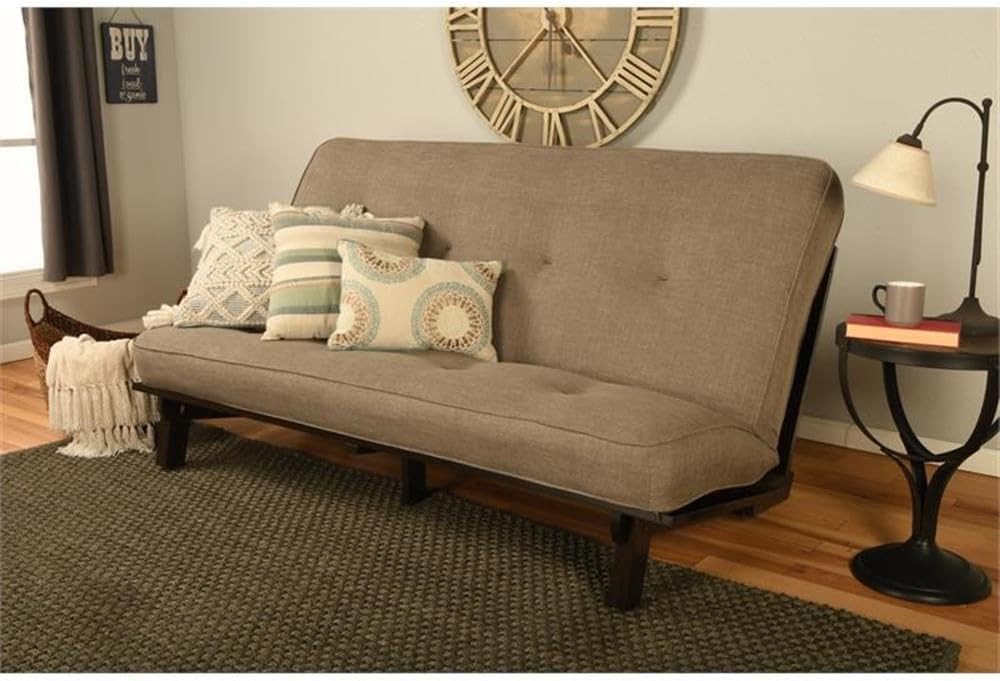 Kodiak Furniture Carson Full Size Futon Frame and Mattress Set - Java Brown Finish Wood Futon Frame with Mattress Included in Linen Stone Color