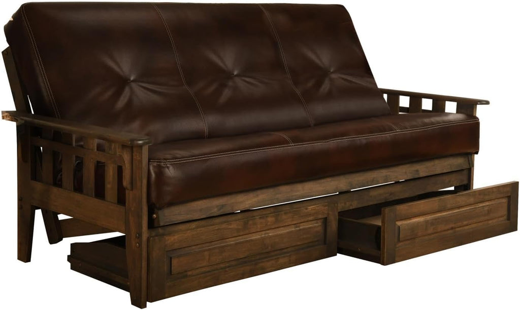 FutonX Rustic Walnut Frame and Mattress Set with Choice to add Drawers, 8 Inch Innerspring Futon Sofa Bed Full Size Wood (Leather Cappuccino Matt, Frame and Drawers)
