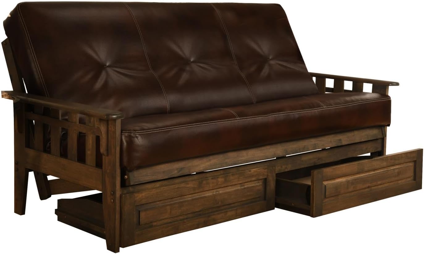 FutonX Rustic Walnut Frame and Mattress Set with Choice to add Drawers, 8 Inch Innerspring Futon Sofa Bed Full Size Wood (Leather Cappuccino Matt, Frame and Drawers)