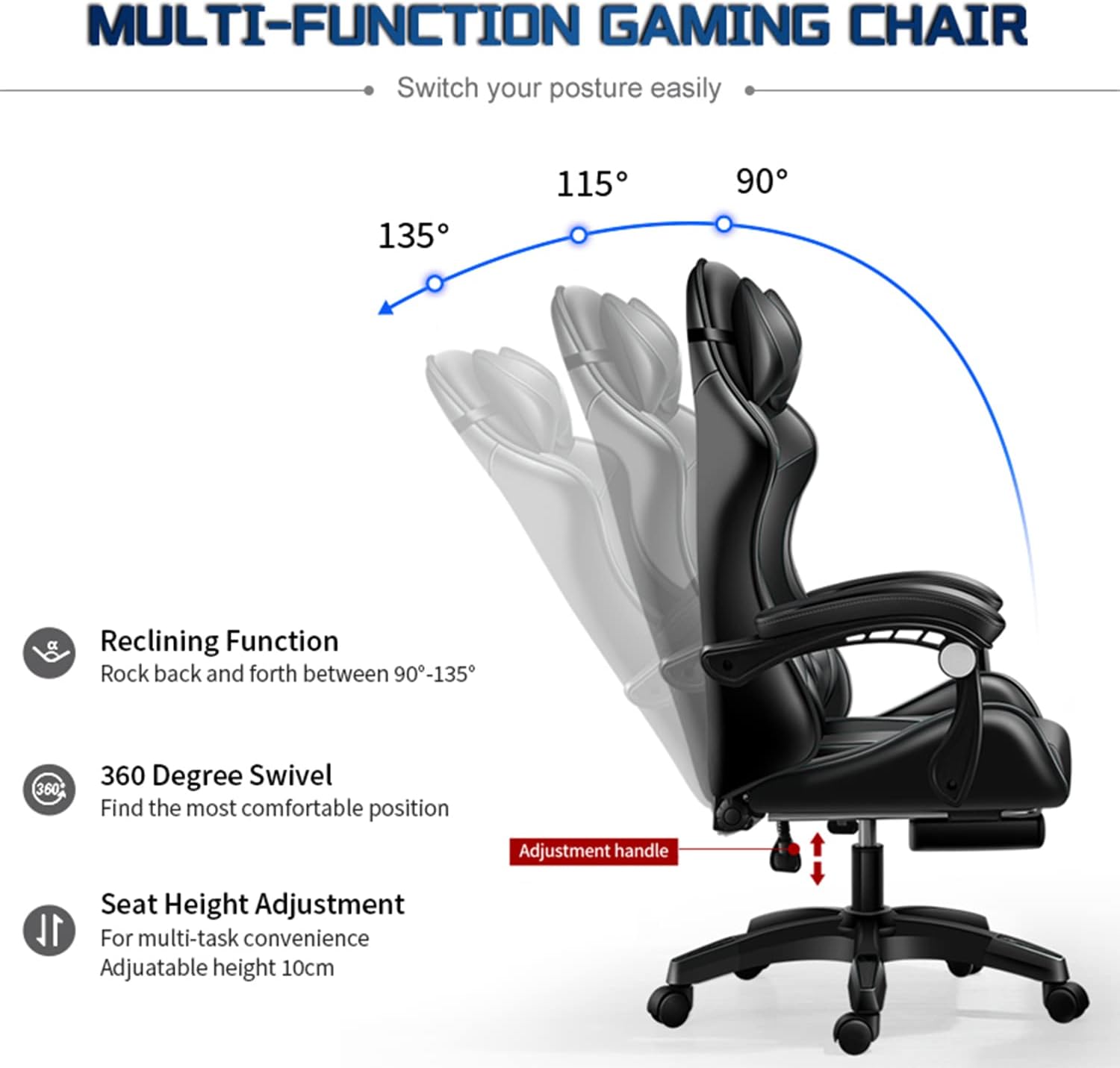 PC Gaming Chair Racing Office Chair Ergonomic Desk Chair with Speakers and LED Lights, E-Sports Computer Chair with Footrest and Lumbar Support, Swivel PU Leather Chair for Adults Teens