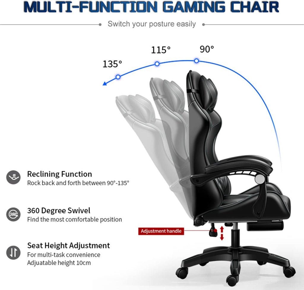 Massage Gaming Chair with Footrest and LED Lights, Video Game Chair with Speakers, Adjustable Height and Armrest, PU Leather, Ergonomic Office Computer Chair for Adults and Teens,Red