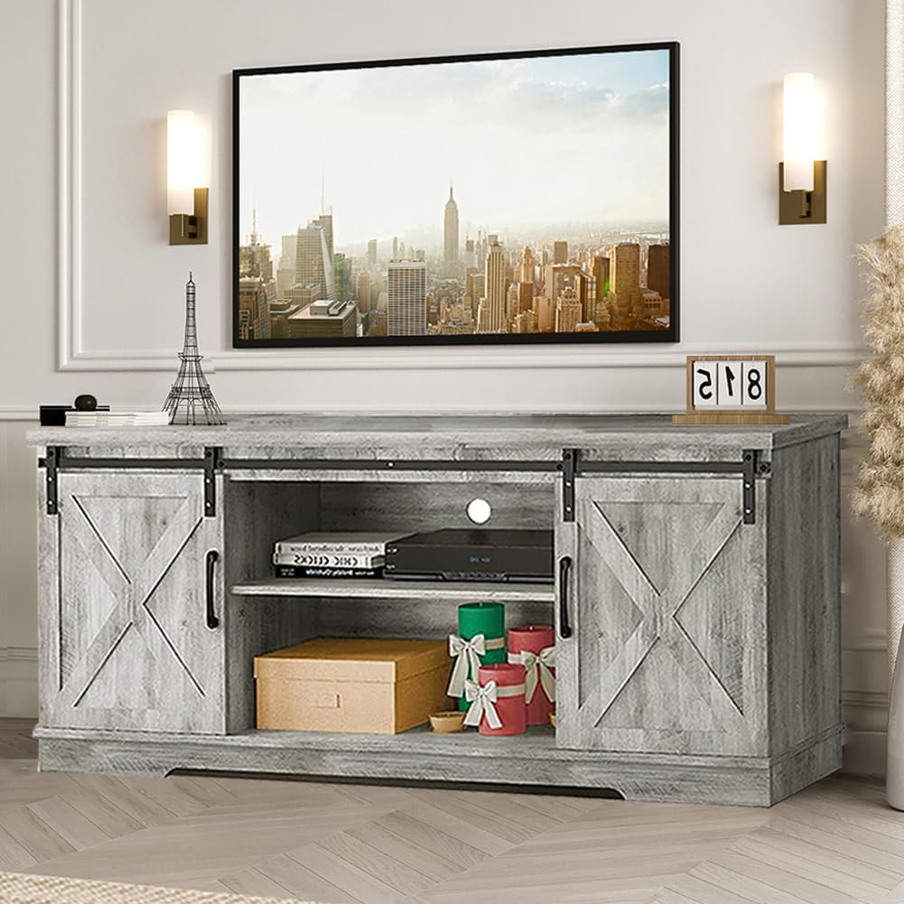 IDEALHOUSE TV Stand Farmhouse Entertainment Center for 65 Inch TV Media Console Cabinet, Gray Barn Doors TV Stand with Storage and Shelves, Modern TV Console Table Furniture (Gray)