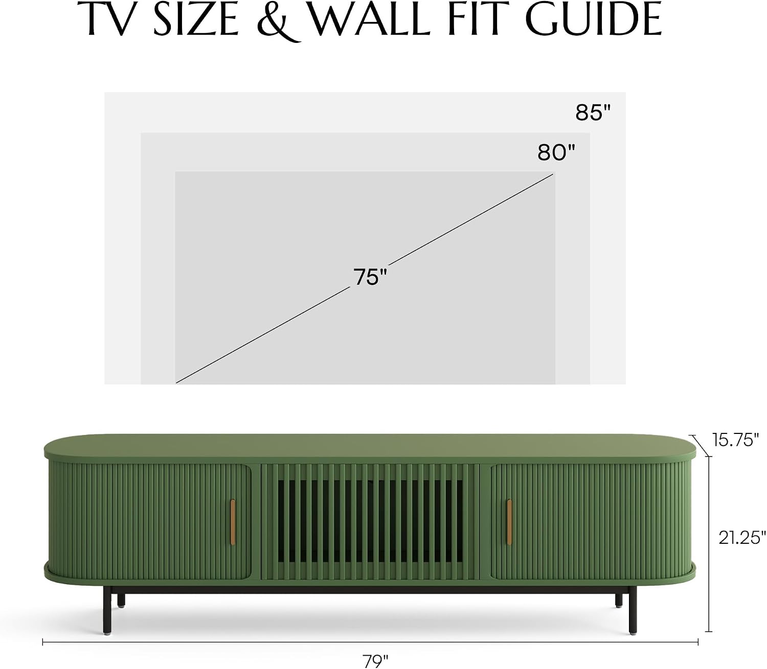 POVISON Fully-Assembled Modern Green TV Stand with Tambour Doors, Fluted TV Media Console for 75 Inch TVs, Sliding Door Entertainment Center with Storage for Living Room (Green, 78.74')