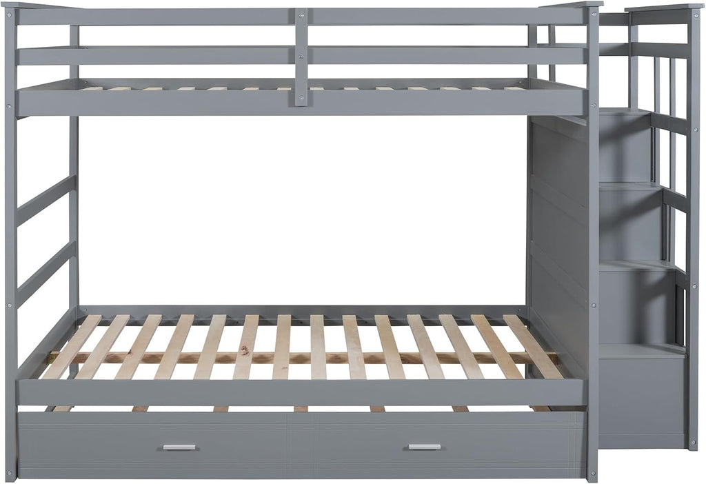 Harper & Bright Designs Full Over Full Bunk Bed with Twin Size Trundle and Stairs, Kids Bunk Beds with Storage Drawers, Wood Full Bunk Beds with Trundle and Guardrail for Kids Teens Adults, Gray