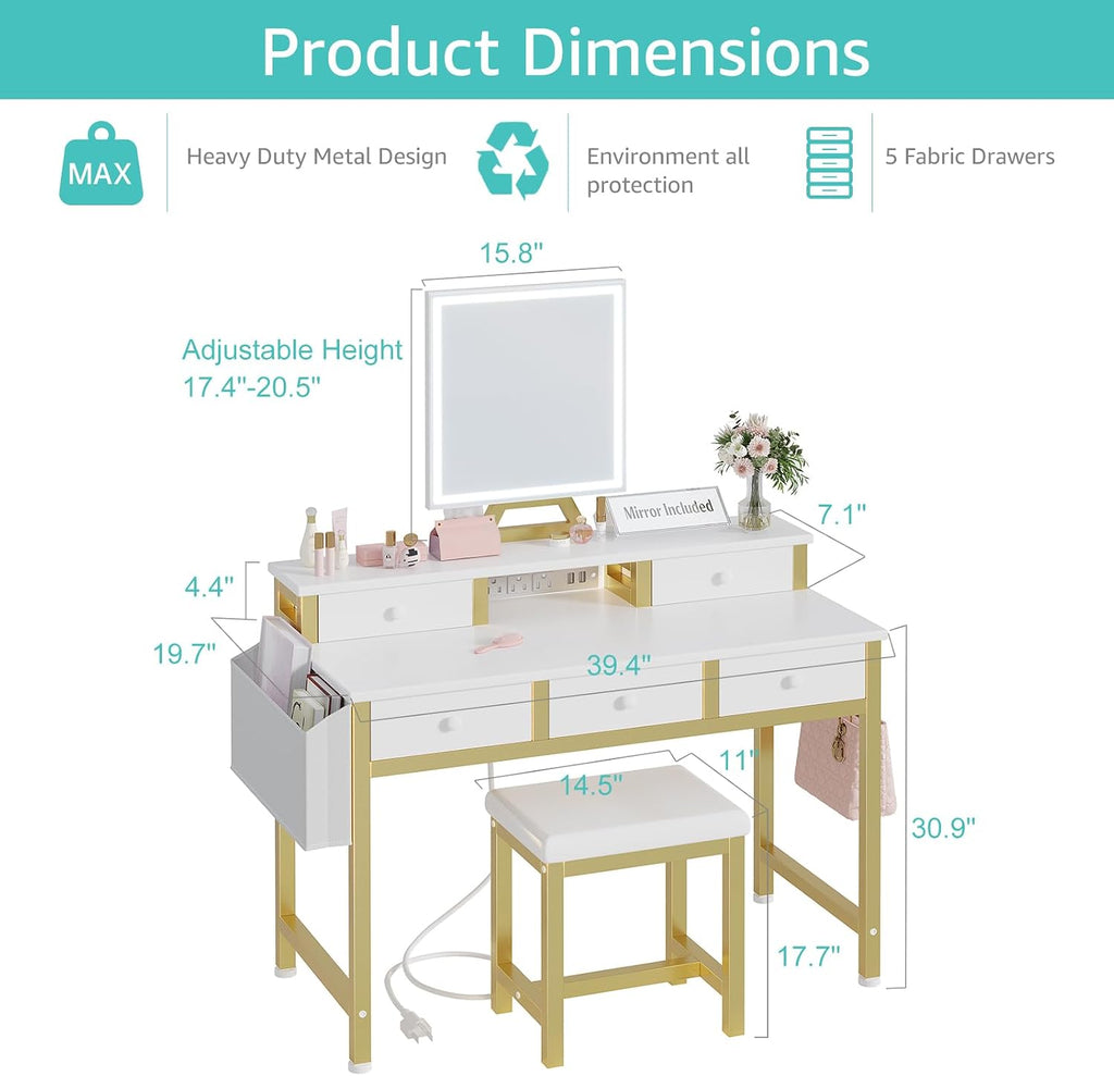 White Makeup Vanity Desk with Lights - 40 inch Girls Vanity Set with Mirror and Chair, Make Up Dresser Table with Drawers and Power Outlet for Bedroom Small Space, White and Gold