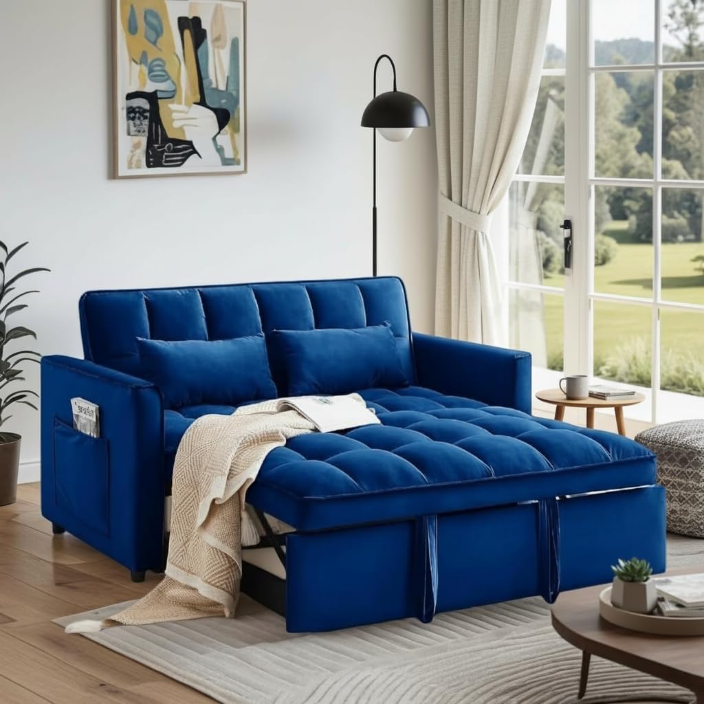 Convertible Sofa Bed, Pull Out Couch with Side Pockets, 3 in 1 Velvet Fabric Loveseat Sleeper Sofa Bed, Pull Out Couch with Adjustable Backrest for Living Room, Bedroom, Apartment, Blue
