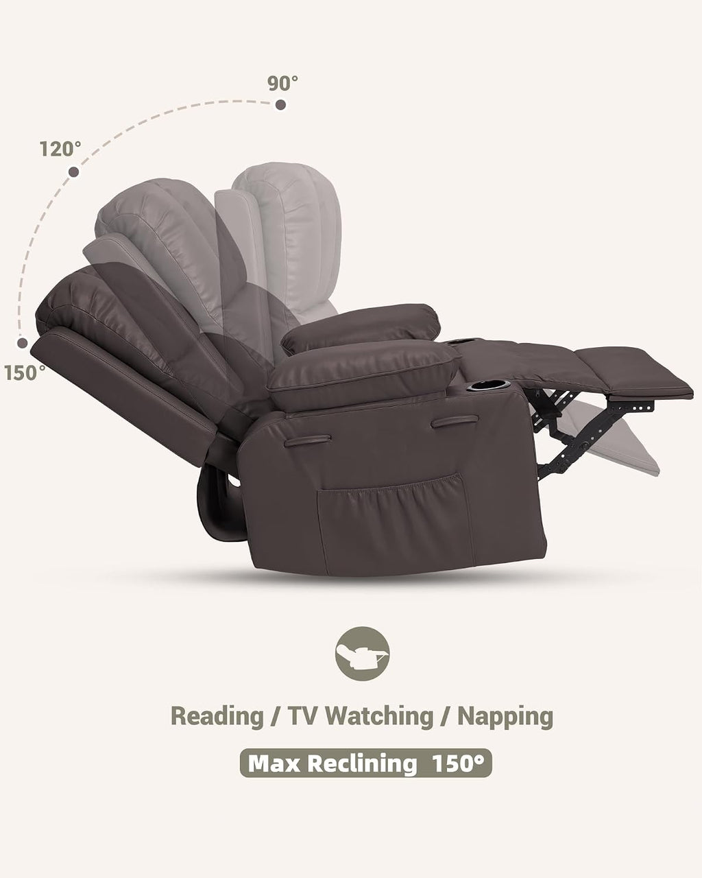 22 in Leather Recliner Chair for Adults, Overstuffed Manual Recliner Chair, Single Sofa with Cup Holder and Side Pockets, Upholstered Chair for Living Rooms, Coffee