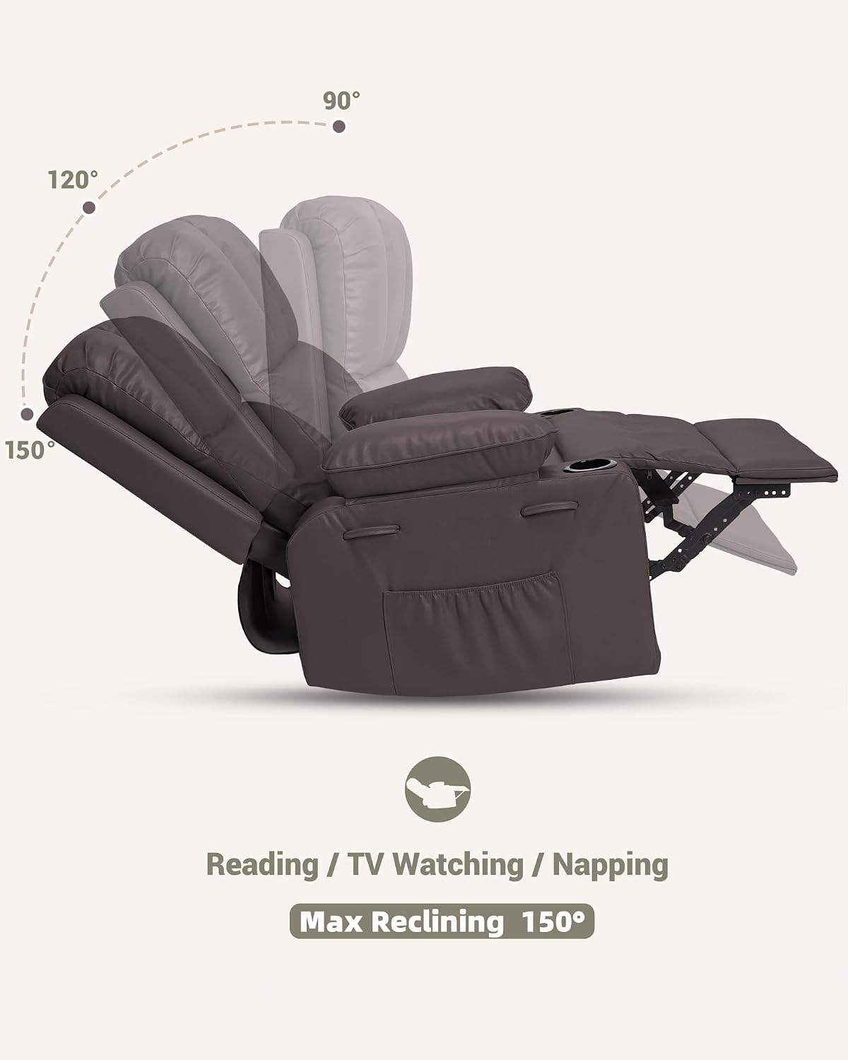 22 in Leather Recliner Chair for Adults, Overstuffed Manual Recliner Chair, Single Sofa with Cup Holder and Side Pockets, Upholstered Chair for Living Rooms, Coffee