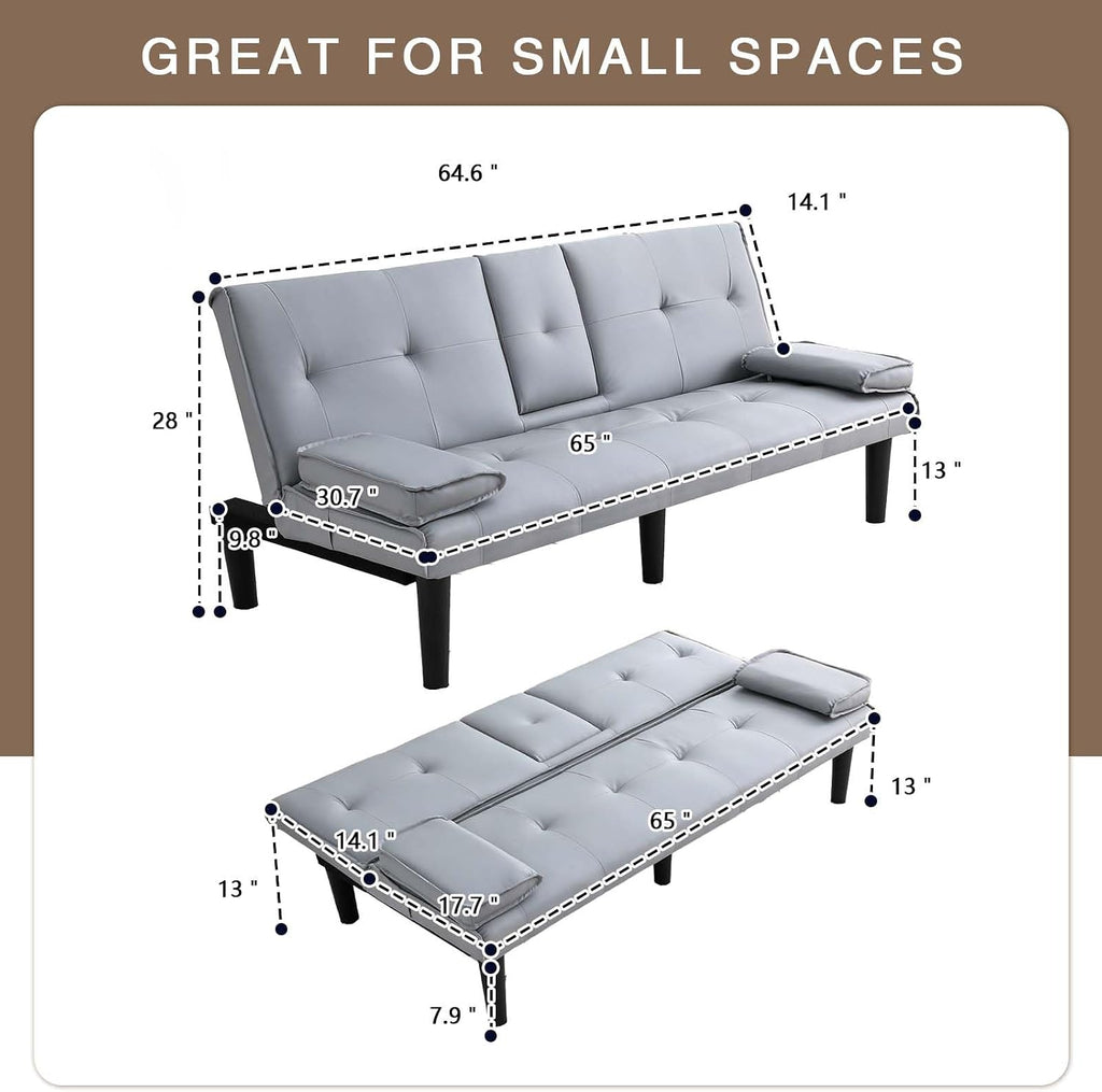 67' Futon Sofa Bed,Convertible Sofa Bed with 2 Cup Holders,Sleeper Couch PVC Leather Removable Soft Armrest Small Couch for Living Room Apartments ﻿ (Light Gray)