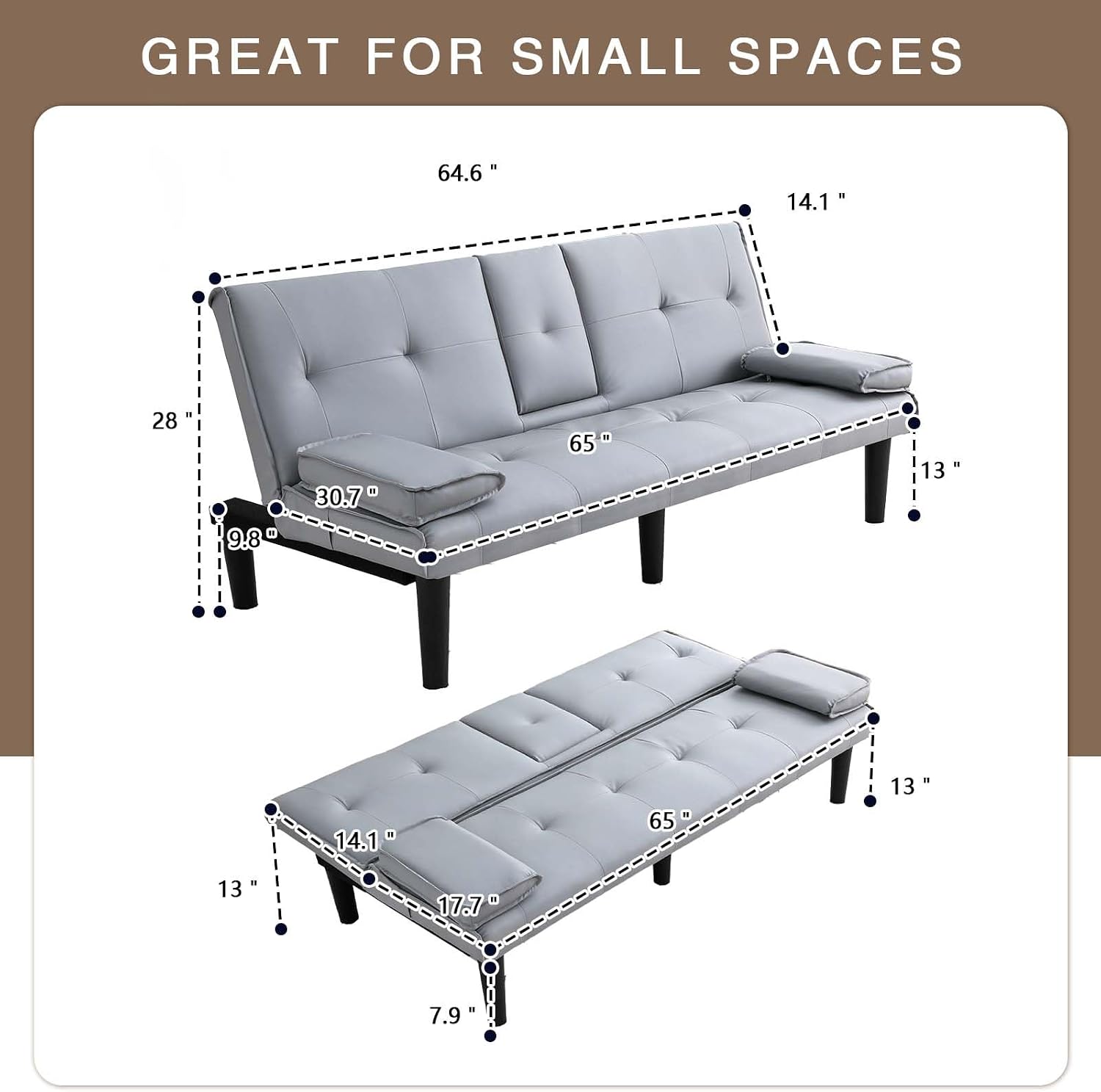 67' Futon Sofa Bed,Convertible Sofa Bed with 2 Cup Holders,Sleeper Couch PVC Leather Removable Soft Armrest Small Couch for Living Room Apartments ﻿ (Light Gray)