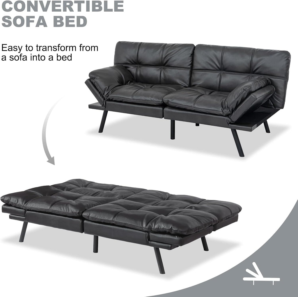 MUUEGM Futon Sofa Bed Convertible Couch,Memory Foam Futon Sofa Couch,Sleeper Futons Sofa Couches,Small Splitback Modern Loveseat Sofa Bed for Living Room,Office,Apartment,Faux Leather,Matte Black.