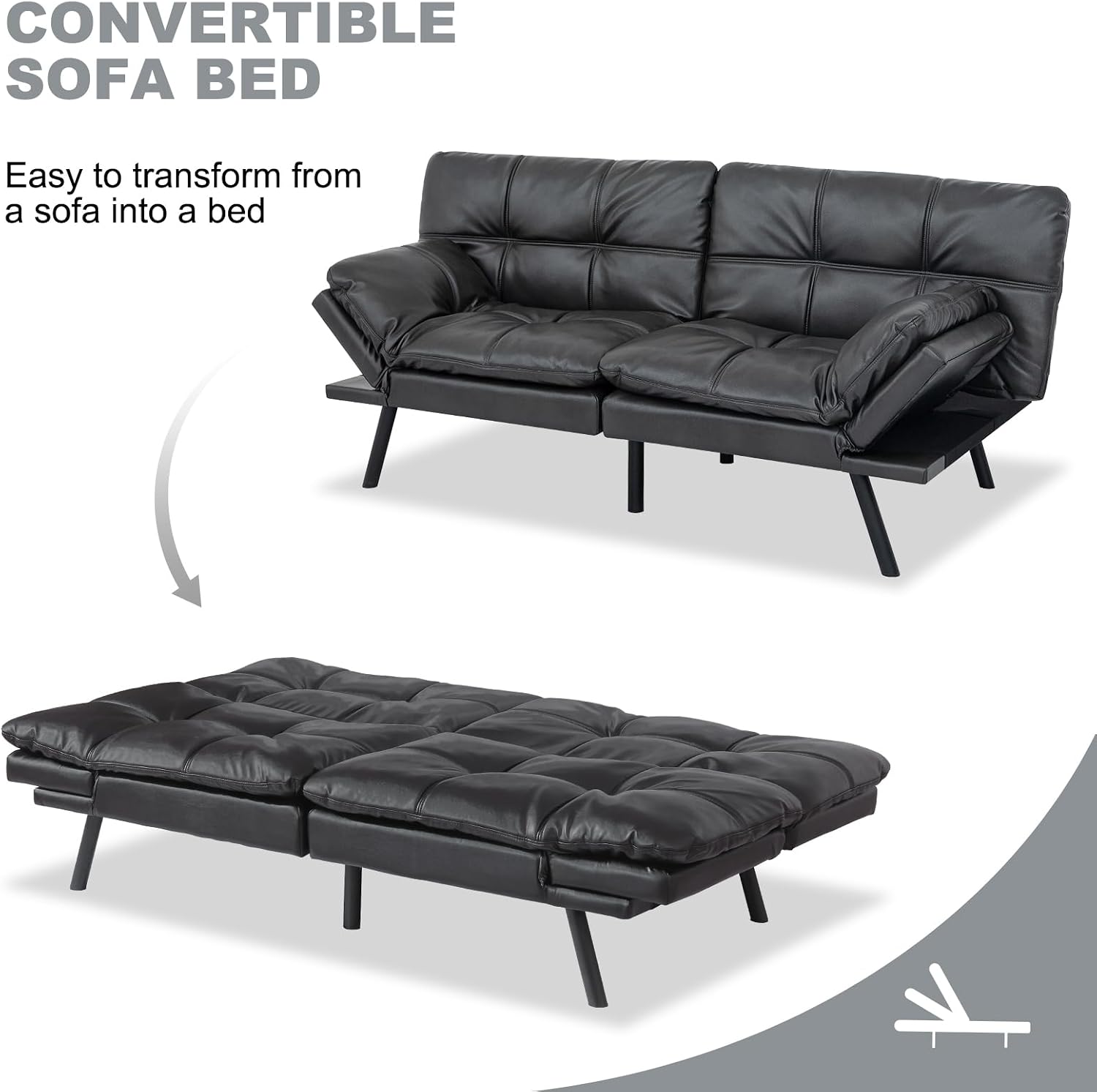 MUUEGM Futon Sofa Bed Convertible Couch,Memory Foam Futon Sofa Couch,Sleeper Futons Sofa Couches,Small Splitback Modern Loveseat Sofa Bed for Living Room,Office,Apartment,Faux Leather,Matte Black.