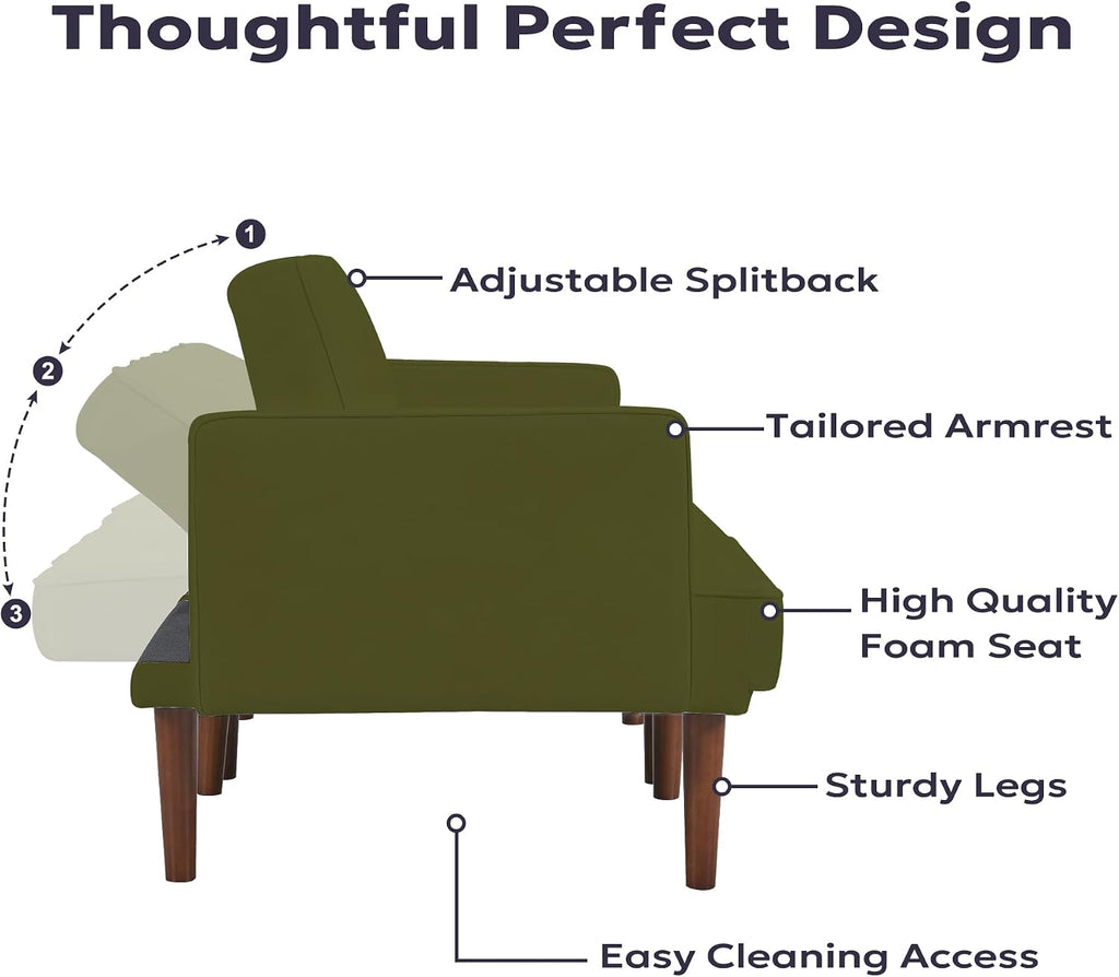 Furnify 71' Velvet Futon Sofa Bed, Versatile Loveseat Couch, Sleeper Sofa with Adjustable Backrest, Mid Century Modern Futon Couch for Small Space, Living Room, Office & Apartment, Velvet Fabric Green