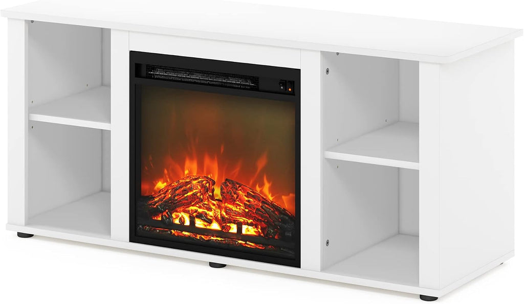 Furinno Jensen Entertainment Center Stand with Fireplace for TV up to 55 Inch, Corded Electric, White