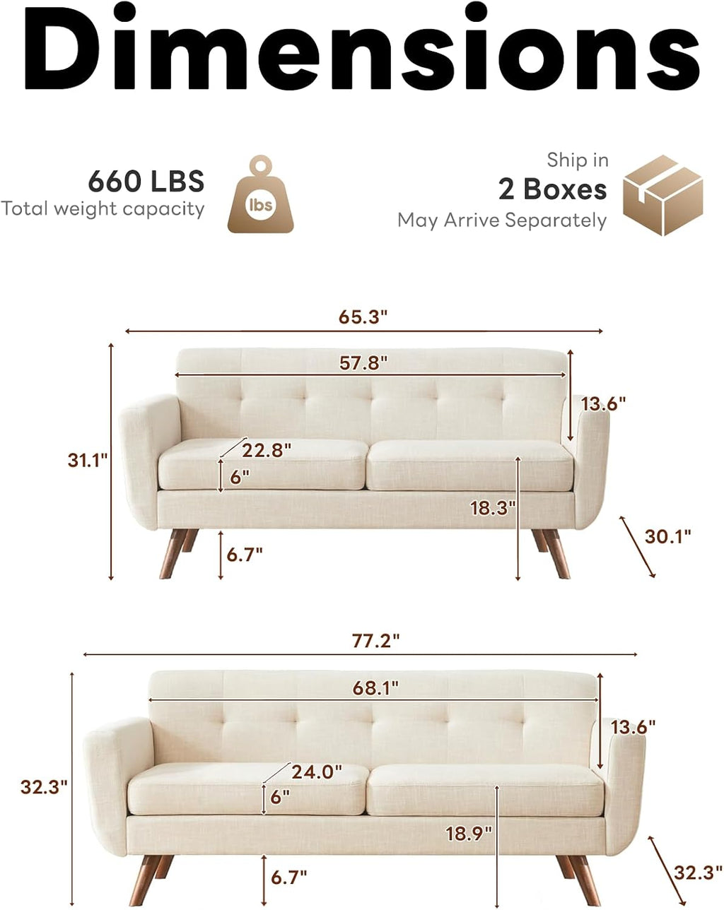 Tbfit Mid Century Modern Sofa Couch, Beige, Loveseat & Standard Sofa