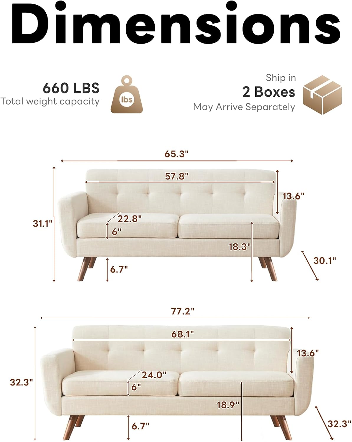 Tbfit Mid Century Modern Sofa Couch, Beige, Loveseat & Standard Sofa