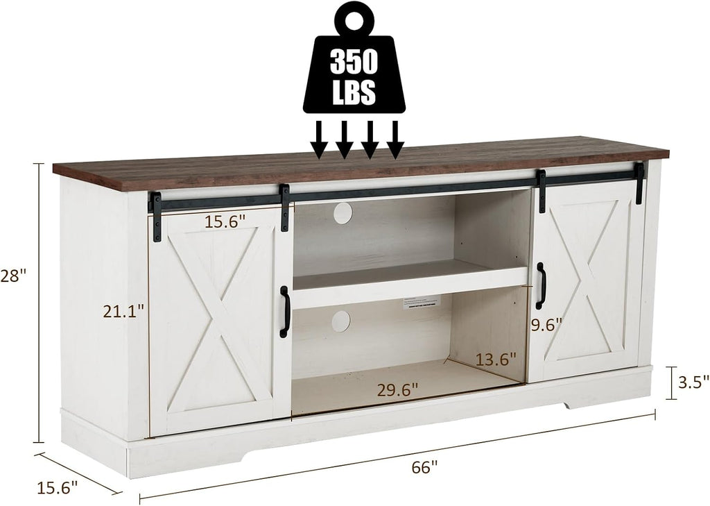 AMERLIFE 66' Farmhouse TV Stand for 75 Inches TVs, Entertainment Center with Sliding Barn Door and Adjustable Shelf & Feet, Console Table with Storage, Rustic White & Honey Brown