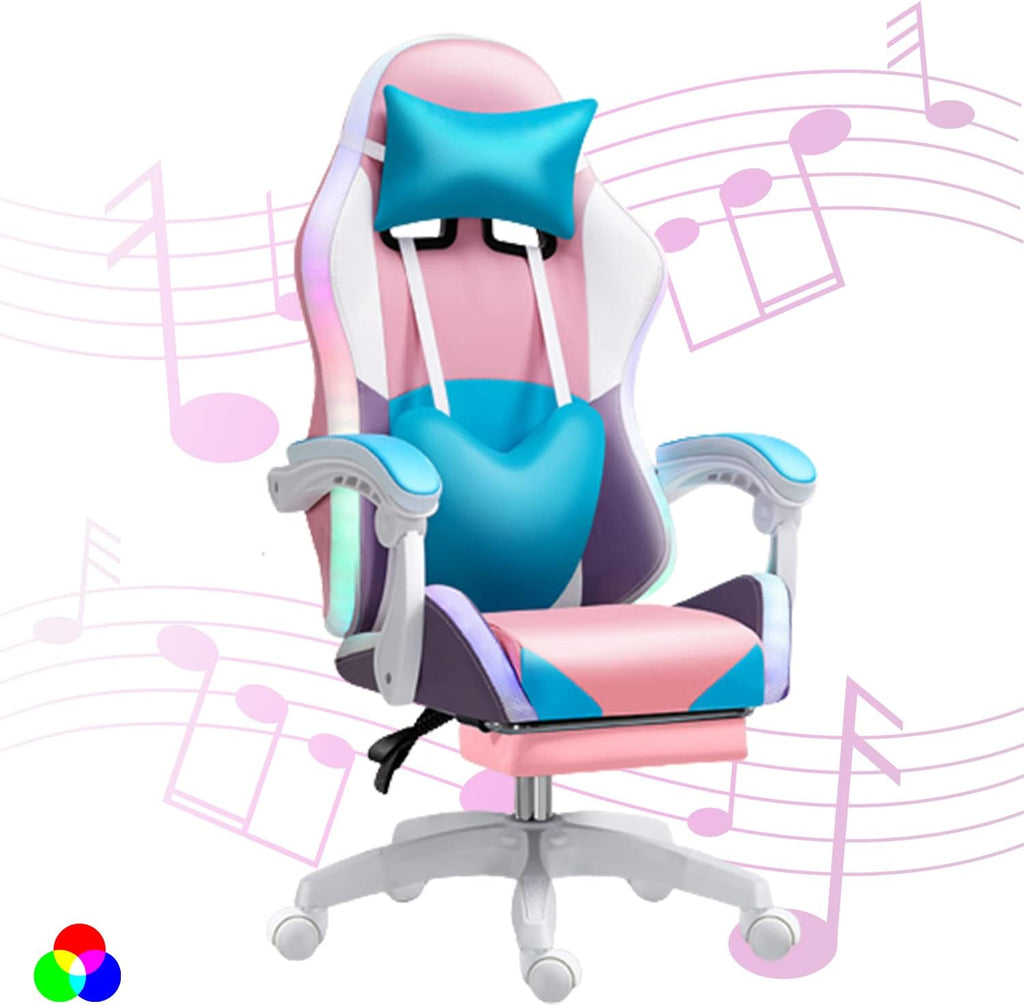 XOOFMASS RGB LED Gaming Chair for Adults, Ergonomic Video Game Chair with Speakers, Lumbar Support Office Chair Reclining Computer Chair with Footrest PU Leather Chair with Adjustable Backrest,Pink