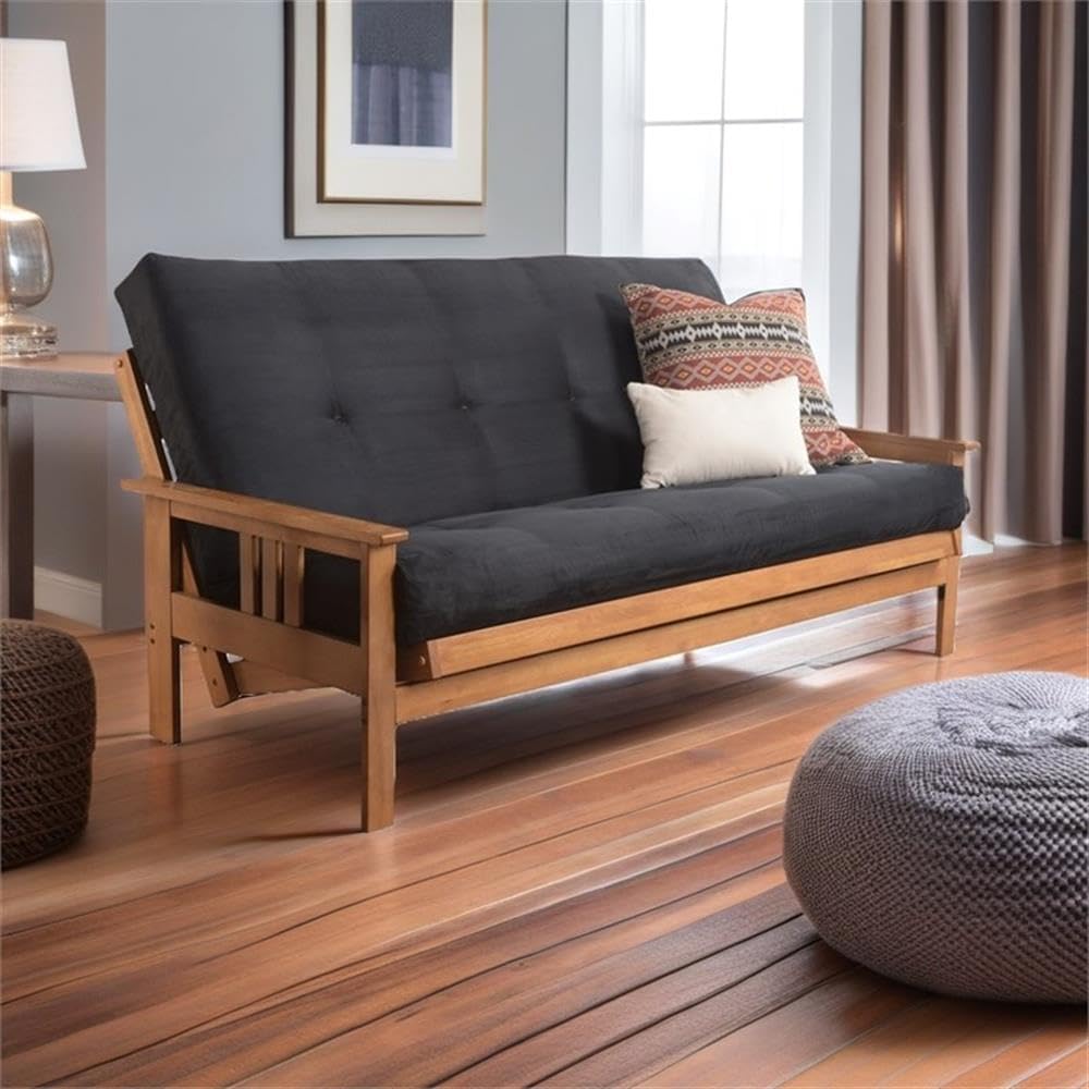Pemberly Row 7' Full Size Futon Mattress Replacement, Suede Fabric Sleeper Sofa Bed Mattress, Cotton and Foam Construction, Black-Frame Not Included