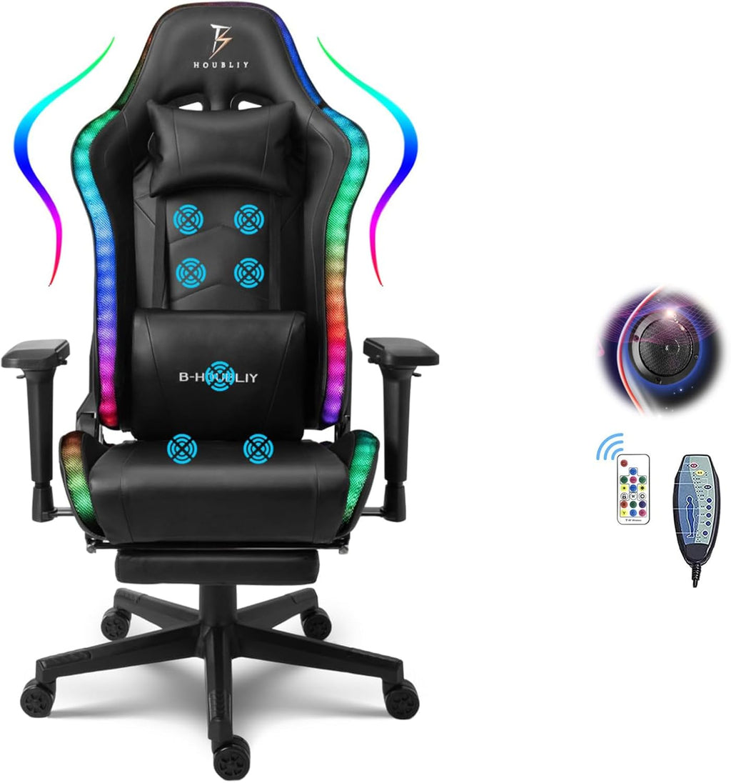 Massage Gaming Chair, High Back Office Computer Chair with Speakers and RGB Lights, Recliner Chair Music Video Game Chair with Headrest and Lumbar Support for Home Office,Black