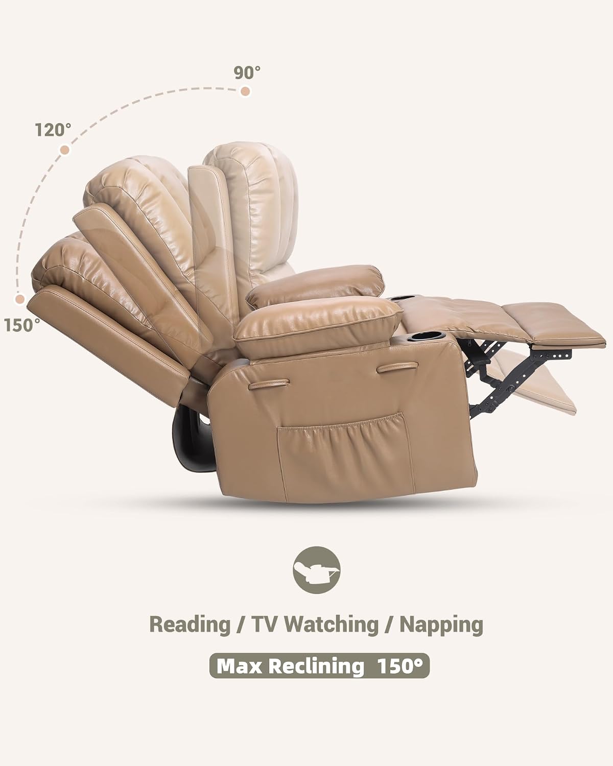 22 in Leather Recliner Chair for Adults, Overstuffed Manual Recliner Chair, Single Sofa with Cup Holder and Side Pockets, Upholstered Chair for Living Rooms, Tan