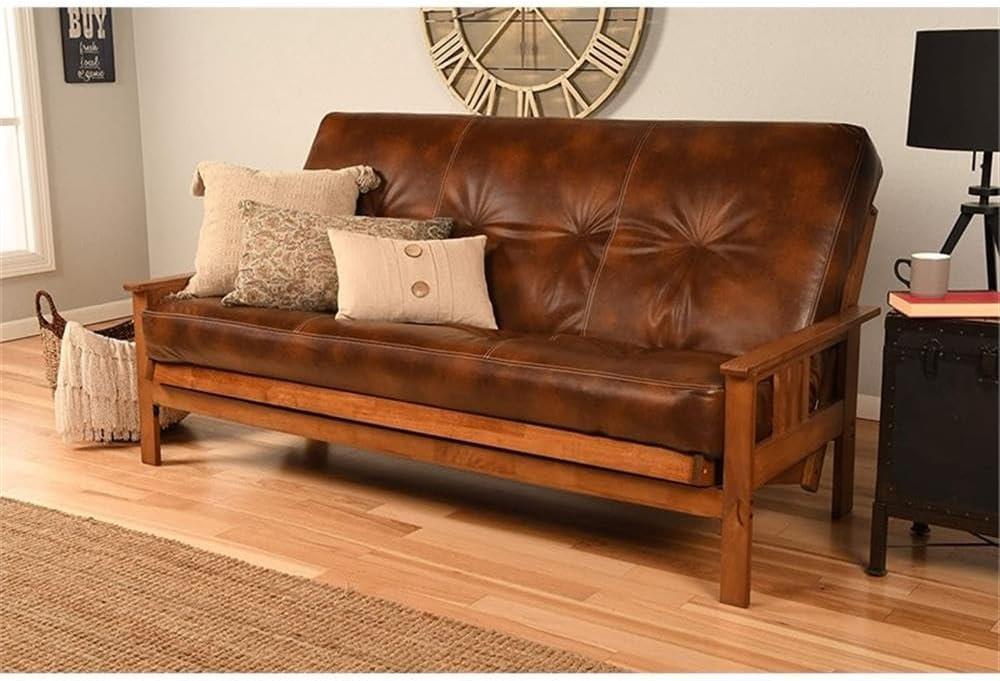 Pemberly Row 75' Traditional Full-Size Faux Leather Futon Mattress with Hinged Innerspring, Foam Construction, in Saddle Brown Finish, Frame Not Included